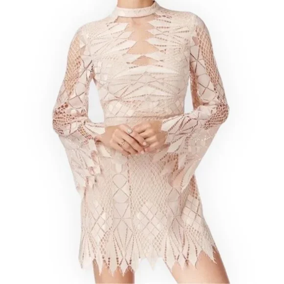Free People | Dresses | Free People Ivory Beige Deco Lace Cutout Eyelash  Hem Bell Sleeve Mini Dress 8 | Poshmark